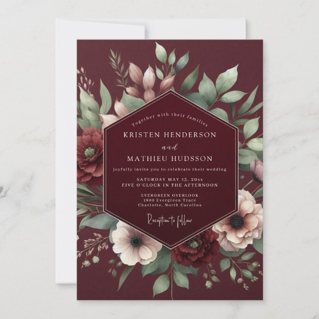 Invitación Burgundy Gilded Blossom Romance Wedding (Anverso)