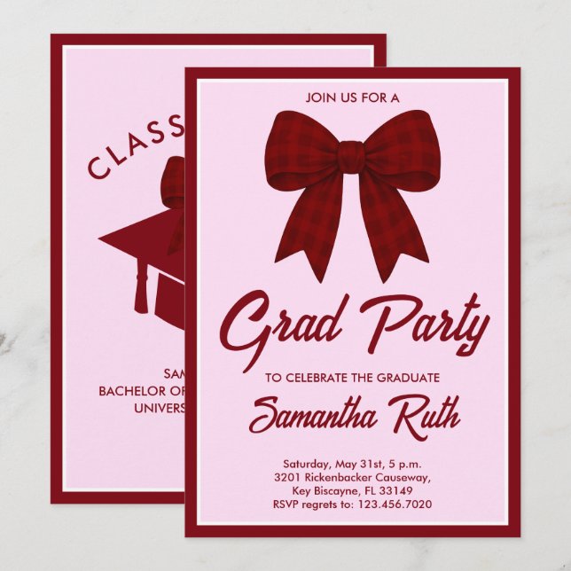 Invitación Burgundy Gingham Bow Graduation Party (Anverso / Reverso)
