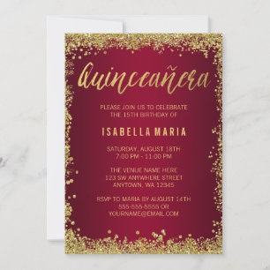 Invitación Burgundy Glitter Dorado Quinceanera Cumpleaños 15