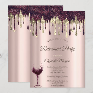 Invitación Burgundy Glitter Drips Glass Rose Gold Jubilación