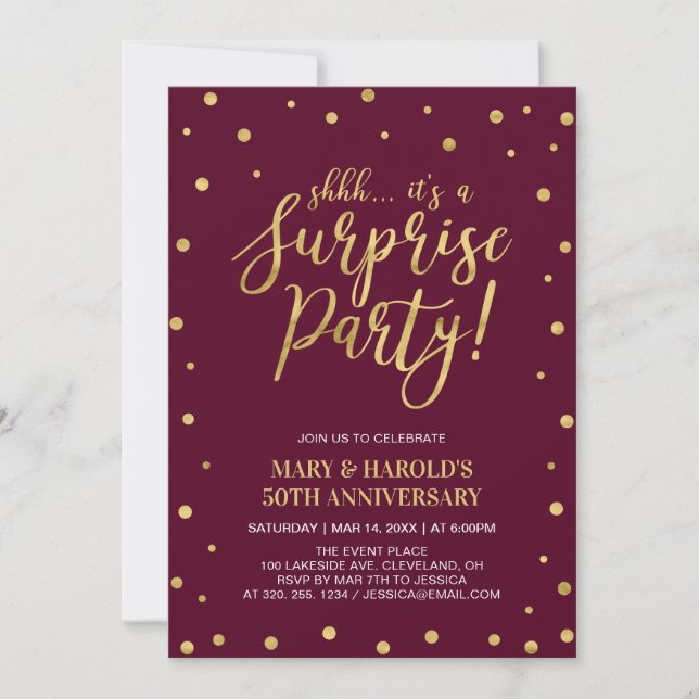 Invitación Burgundy & Gold 50º Cumpleaños Sorpresa de Bodas (Anverso)