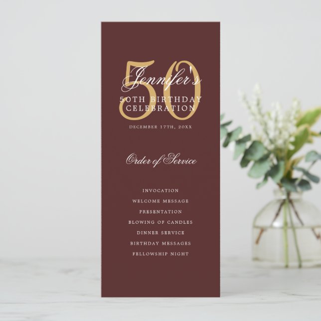 Invitación Burgundy Gold 50th Birthday Program con Menú (Anverso de pie)