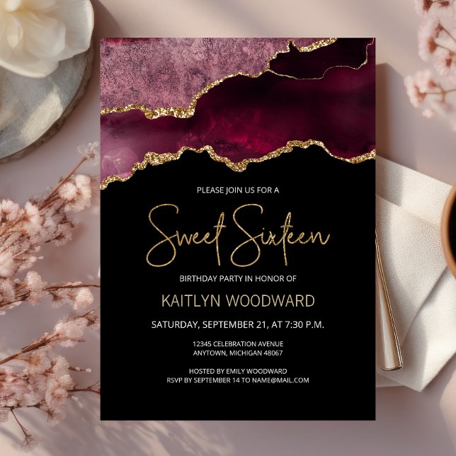 Invitación Burgundy Gold Agate Dark Sweet 16 cumpleaños (Subido por el creador)