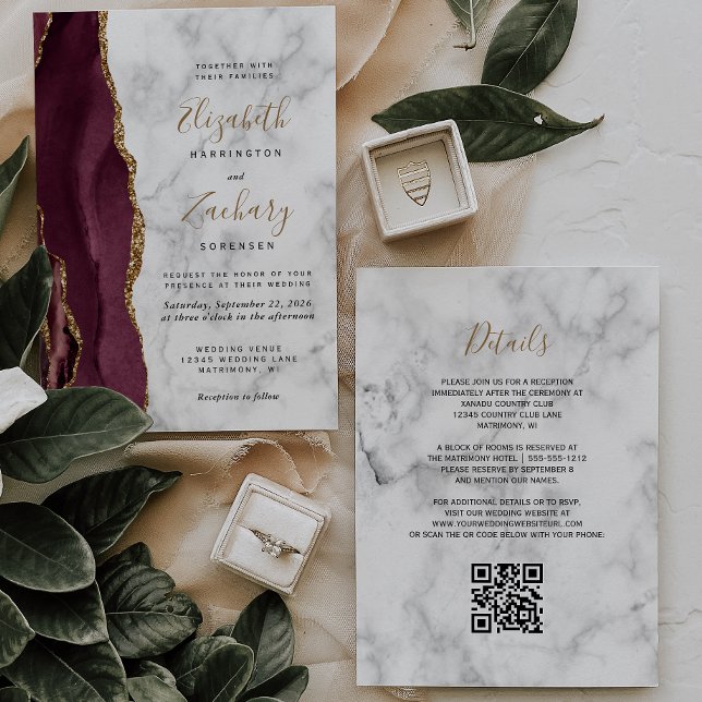 Invitación Burgundy Gold Agate Marble QR Code Boda (Subido por el creador)