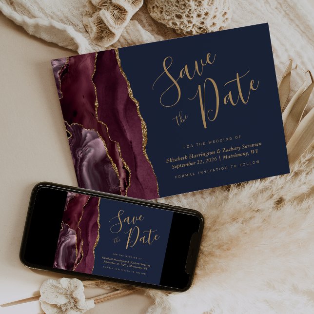 Invitación Burgundy Gold Agate Navy Blue Salva la Fecha (Subido por el creador)