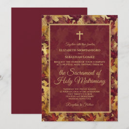 Invitación Burgundy & Gold Autumn Leaves Catholic Wedding