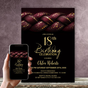 Invitación Burgundy Gold Braid 18 cumpleaños