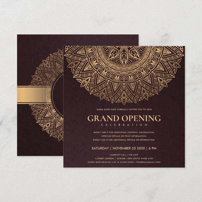 INVITACIÓN BURGUNDY GOLD CLASSIC ORNATE MANDALA GRAND OPENING (Anverso / Reverso)
