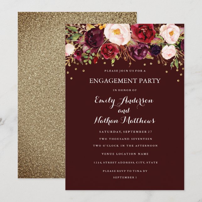 Invitación Burgundy Gold Confetti Floral Engagement Party (Anverso / Reverso)