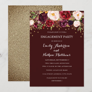 Invitación Burgundy Gold Confetti Floral Engagement Party