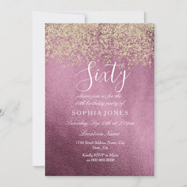 Invitación Burgundy Gold Confetti Purpurina 60 cumpleaños (Anverso)