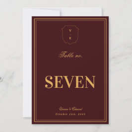 Invitación Burgundy Gold Crest Monogram Wedding Table Number