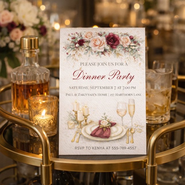 Invitación Burgundy Gold Dinner Party Invitation (Burgundy and gold dinner setting with candlelight table and floral detail)