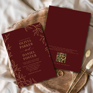 Invitación Burgundy Gold Elegant Boda de código QR Minimalist