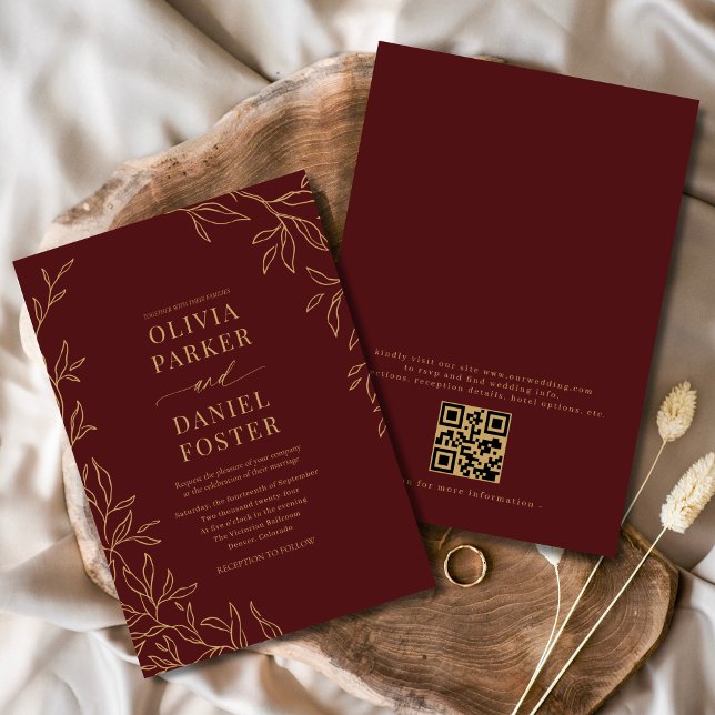 Invitación Burgundy Gold Elegant Boda de código QR Minimalist (Subido por el creador)