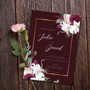 Invitación Burgundy Gold - Elegante boda floral de lujo