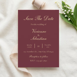 Invitación Burgundy Gold Escritura Minimalista Salva la Fecha