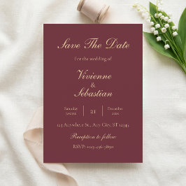 Invitación Burgundy Gold Escritura Minimalista Salva la Fecha