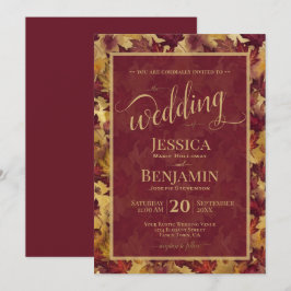 Invitación Burgundy & Gold Fall Leaves Stylish Script Wedding