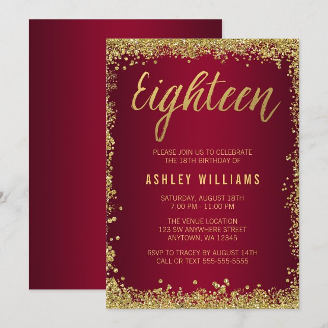 Invitación Burgundy Gold Faux Purpurina 18 cumpleaños (Anverso / Reverso)