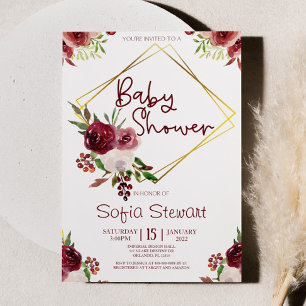 Invitación Burgundy Gold Flor Frame Baby Shower