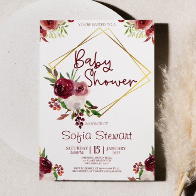 Invitación Burgundy Gold Flor Frame Baby Shower (Subido por el creador)