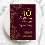 Invitación Burgundy Gold Floral 40. Fiesta de cumpleaños<br><div class="desc">Invitación a la fiesta de cumpleaños 40 de la floral de oro de Borgoña. Minimalista diseño maroon moderno con dibujos botánicos de contorno acentos, Relieve metalizado de oro falso y tipo de letra de escritura tipográfica. Sencilla carta de invitación a la moda, perfecta para una elegante celebración de cumpleaños femenina....</div>
