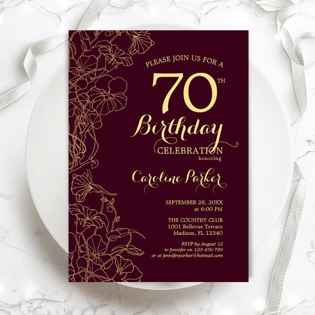 Invitación Burgundy Gold Floral 70 cumpleaños (Subido por el creador)