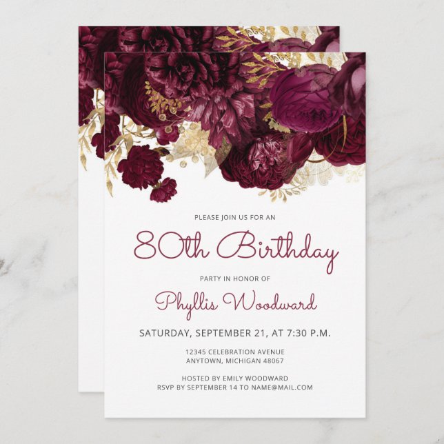 Invitación Burgundy Gold Floral 80th Birthday Party (Anverso / Reverso)