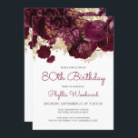 Invitación Burgundy Gold Floral 80th Birthday Party<br><div class="desc">Esta elegante invitación de cumpleaños número 80 cuenta con un borde superior de flores de color burdeos adornado con Relieve metalizado falso de oro y hojas de purpurina sobre un fondo blanco. Las palabras "80th Birthday" y el nombre del invitado de honor aparecen en escritura burdeos casual de escritura a...</div>