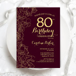 Invitación Burgundy Gold Floral 80th Birthday Party<br><div class="desc">Invitación a la fiesta de cumpleaños 80 de la floral de oro de Borgoña. Minimalista diseño maroon moderno con dibujos botánicos de contorno acentos, Relieve metalizado de oro falso y tipo de letra de escritura tipográfica. Sencilla carta de invitación a la moda, perfecta para una elegante celebración de cumpleaños femenina....</div>