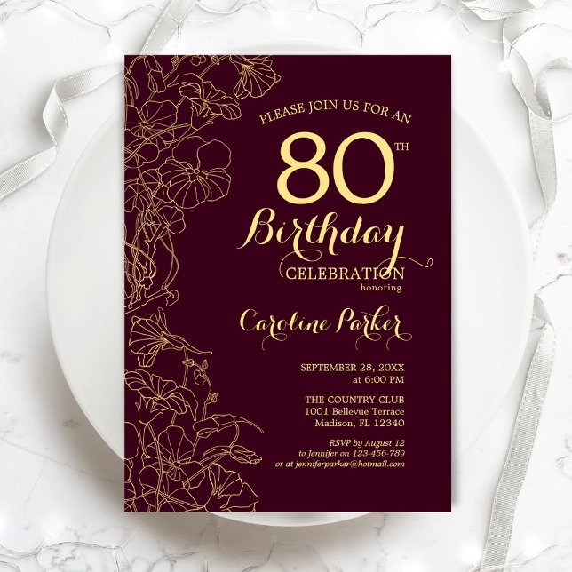 Invitación Burgundy Gold Floral 80th Birthday Party (Subido por el creador)