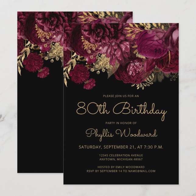 Invitación Burgundy Gold Floral 80th Birthday Party (Anverso / Reverso)