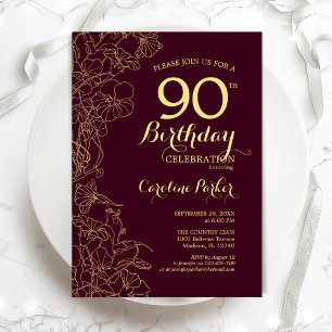 Invitación Burgundy Gold Floral 90 cumpleaños