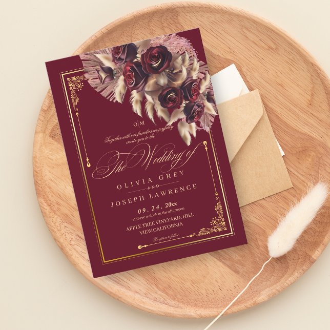 Invitación Burgundy Gold Floral Boho Rústico Boda (Subido por el creador)