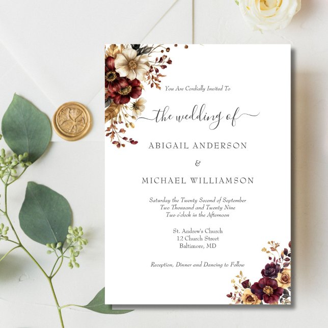 Invitación Burgundy Gold Floral Botanical Elegant Wedding (Burgundy gold watercolor floral elegant wedding invitation. Printed or Digital download)