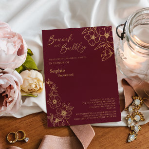 Invitación Burgundy Gold Floral Bridal Brunch Y Bubbly