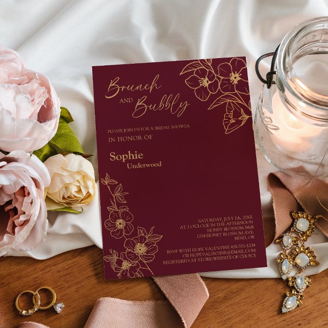Invitación Burgundy Gold Floral Bridal Brunch Y Bubbly (Subido por el creador)