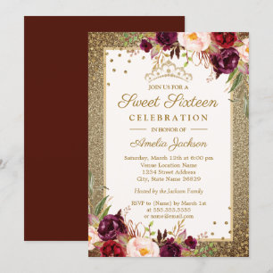 Invitación Burgundy Gold floral Brillante Dulces Dieciséis