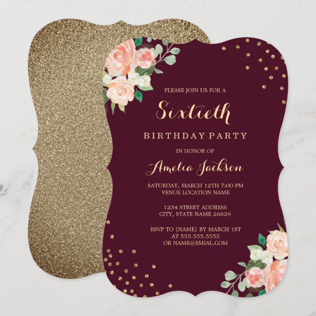Invitación Burgundy Gold Floral Confetti 60 cumpleaños (Anverso / Reverso)