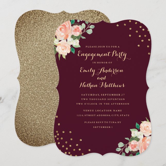 Invitación Burgundy Gold Floral Confetti Engagement Party (Anverso / Reverso)