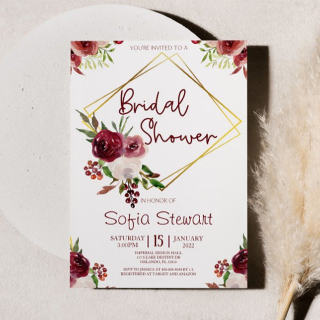 Invitación Burgundy Gold Floral Flor Frame Bridal Shower (Subido por el creador)