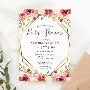 Invitación Burgundy Gold Floral Geométrica Baby Shower