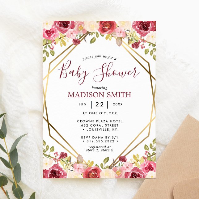 Invitación Burgundy Gold Floral Geométrica Baby Shower (Subido por el creador)