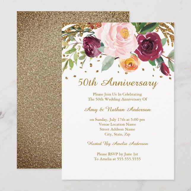 Invitación Burgundy Gold Floral Glitter 50 Aniversario (Anverso / Reverso)