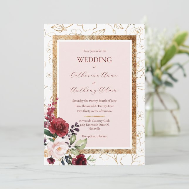 Invitación Burgundy Gold Floral Moderno Boda (Anverso de pie)