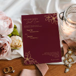 Invitación Burgundy Gold Floral Nothing Fancy Boda<br><div class="desc">Esta elegante invitación a la boda, sin florituras, de oro burdeos y florido, presenta un magnífico y sofisticado marco de merlot oscuro con elegantes caligrafías doradas y adornos florales dorados. La historia de color de joyas y los acentos dorados del boho botánico, junto con un guión delicado mínimo, crean una...</div>