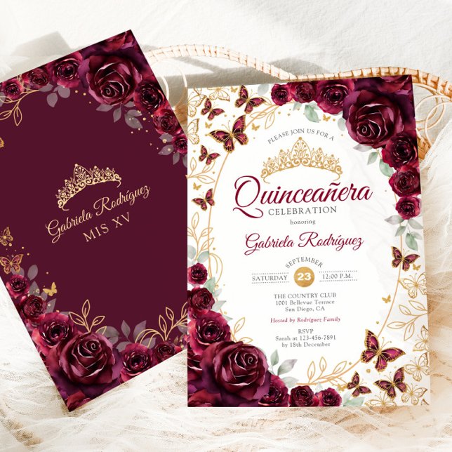 Invitación Burgundy Gold Floral Quinceanera (Subido por el creador)