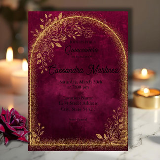 Invitación Burgundy & Gold Floral Quinceanera Invitation