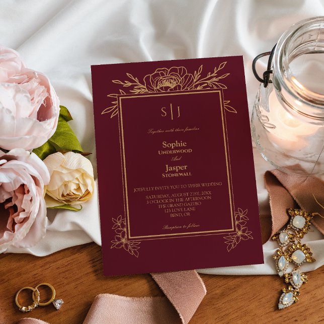Invitación Burgundy Gold Floral Simple Monograma Boda (Subido por el creador)